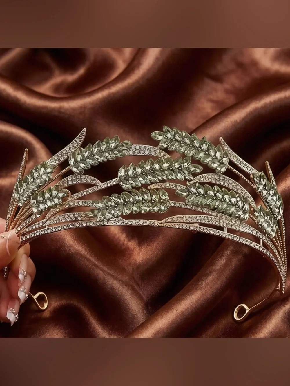 Green Crystal Wheat Leaf Headband - Gold Tone